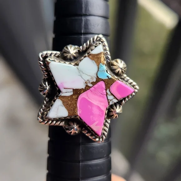 Handmade Sterling Silver 925 Cotton Candy Turquoise Star Ring Adjustable Size - Picture 7 of 8